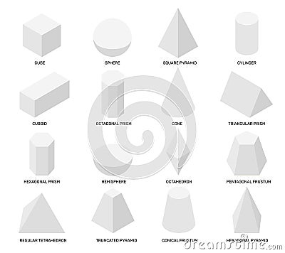 Isometric shapes. White isolated geometric objects, math templates for school studying and abstract design. Cube, prism Vector Illustration