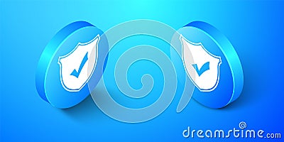 Isometric Shield with check mark icon isolated on blue background. Protection symbol. Security check Icon. Tick mark Vector Illustration