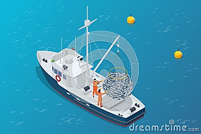Isometric shipping seafood industry boat isolated on white background. Commercial ocean transportation Sea fishing, ship Vector Illustration