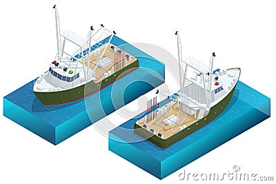 Isometric shipping seafood industry boat isolated on white background. Sea fishing, ship marine industry, fish boat Vector Illustration