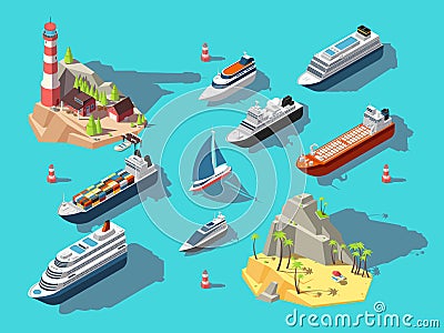 Isometric ships. Boats and sailing vessels, ocean tropical island with lighthouse and beach. 3d vector illustration Vector Illustration