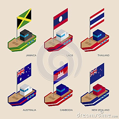Isometric ships with flags: Cambodia, Australia, New Zealand, Laos, Thailand, Jamaica Vector Illustration