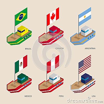 Isometric ships with flags: Canada, USA, Argentina, Peru, Brazil, Mexico Vector Illustration