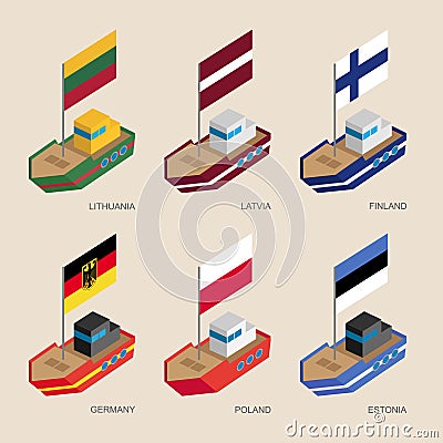 Isometric ships with flags: Germany, Latvia, Estonia, Lithuania, Finland, Poland Vector Illustration