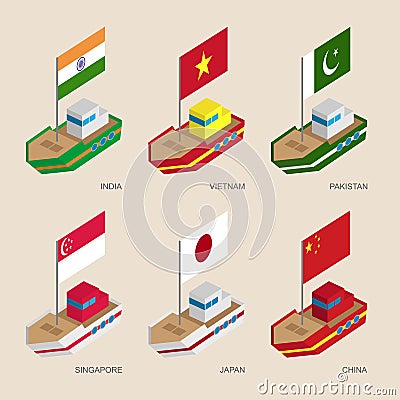 Isometric ships with flags: India, Vietnam, China, Singapore, Pakistan, Japan Vector Illustration