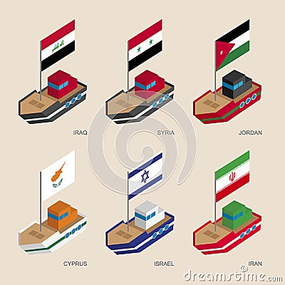 Isometric ships with flags: Iraq, Iran, Jordan, Syria, Cyprus, Israel Vector Illustration