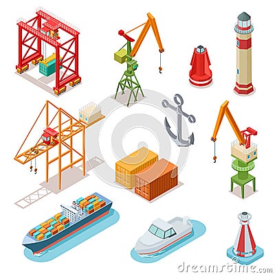 Isometric ships. Sea transport maritime terminal shipping logistics port seaport crane ship shipping nautical barge 3d Vector Illustration