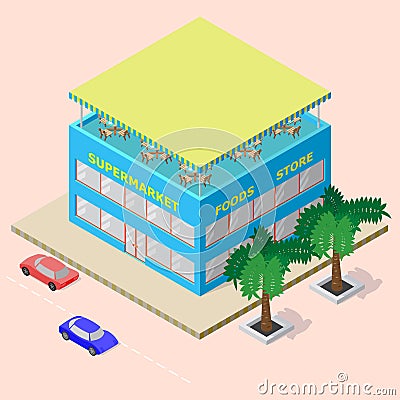 Isometric shopping center with supermarket, foods store and rooftop cafe Vector Illustration