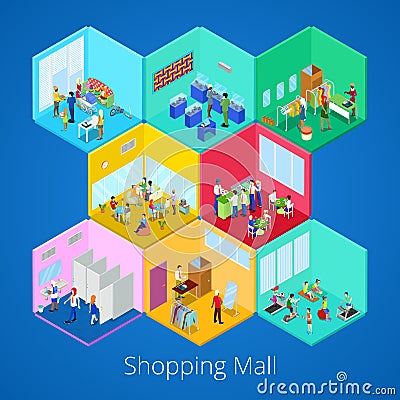 Isometric Shopping Mall Interior with Gym Fitness Club Boutique and Clothes Store Vector Illustration