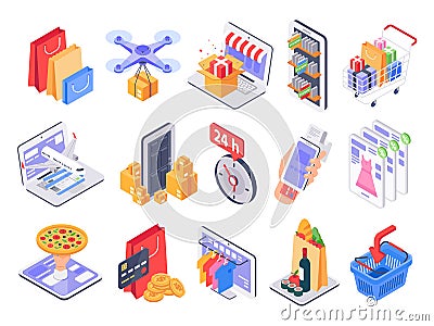 Isometric shopping. Online shop, market delivery and store sales. Internet purchasing and grocery products 3d vector Vector Illustration