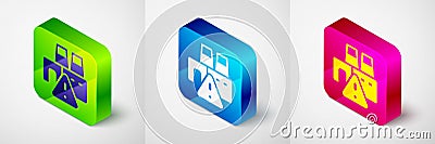 Isometric Shutdown of factory icon isolated on grey background. Industrial building. Square button. Vector Vector Illustration
