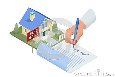 Isometric signed real estate purchase or lease agreement. Buyer. Mortgage online, new home buying online. Buying Vector Illustration