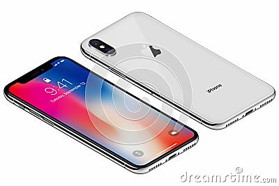 Isometric Silver Apple iPhone X front side with iOS 11 lockscreen and back side isolated on white background Editorial Stock Photo
