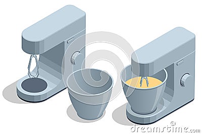 Isometric Silver Food Processor with whisk, Stand Mixers isolated on white background, Kitchen Electric Mixer. Kitchen Vector Illustration