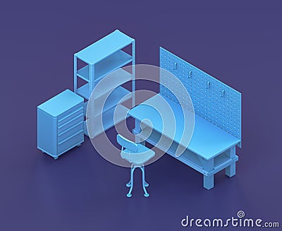 Isometric single color workshop with workbench in blue background, flat color work space, 3d rendering Stock Photo