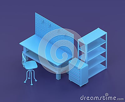 Isometric single color workshop with workbench in blue background, flat color work space, 3d rendering Stock Photo