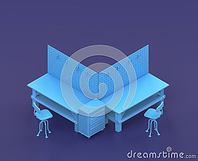 Isometric single color workshop with workbench in blue background, flat color work space, 3d rendering Stock Photo