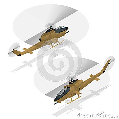 Isometric single-engine attack helicopter. Military air transport. Vector Illustration