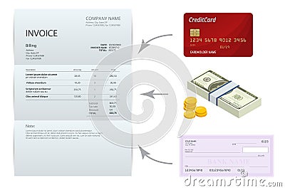 Isometric single Invoice, Bank check, cash and credit cards. Payment and billing invoices, business or financial Vector Illustration