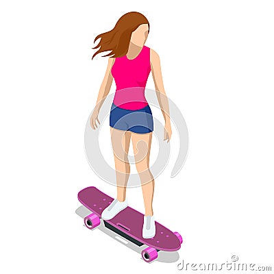 Isometric skateboard or longboard isolated on white. Girl skateboarding. Sporty woman riding on the skateboard on the Vector Illustration
