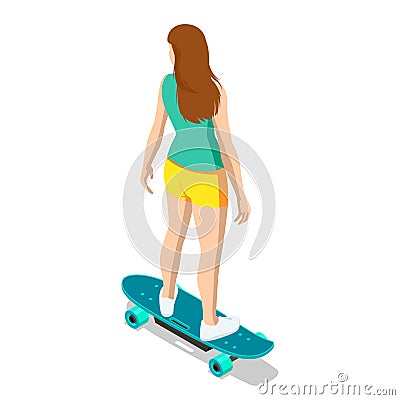 Isometric skateboard or longboard isolated on white. Girl skateboarding. Sporty woman riding on the skateboard on the Vector Illustration