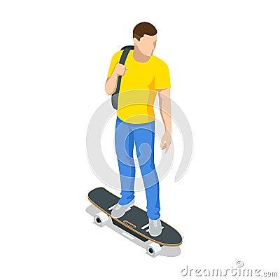 Isometric skateboard or longboard isolated on white. Man skateboarding. Sporty woman riding on the skateboard on the Vector Illustration