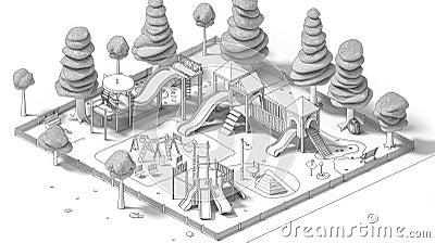 Isometric sketch of a playground with slides, climbing structures, and trees. The image is drawn in pencil Stock Photo
