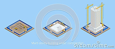 Isometric Skyscraper construction process. Building crane, multi-storey building under construction. Stock Photo