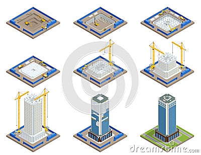 Isometric Skyscraper construction process. Building crane, multi-storey building under construction. Stock Photo