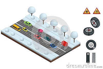 Isometric slippery, ice, winter, snow road and cars. Caution Snow. Winter Driving and road safety. Urban transport. Car Vector Illustration