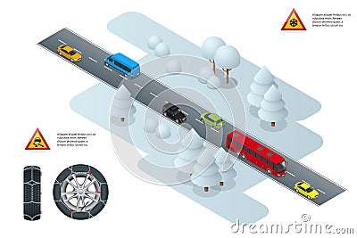 Isometric slippery, ice, winter, snow road and cars. Caution Snow. Winter Driving and road safety. Urban transport Vector Illustration