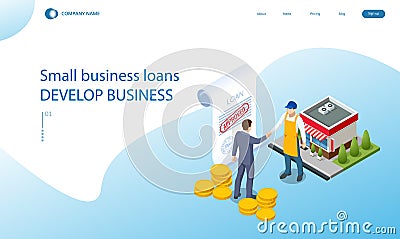 Isometric small business loan form financial concept. Shop that get loans from bank without collateral Vector Illustration