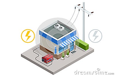 Isometric Small portable gasoline electric generator outside a store. industrial and home immovable power generator Vector Illustration