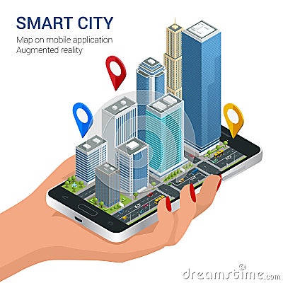 Isometric Smart City concept. Mobile gps navigation and tracking concept. Hand holding smartphone with city map path and Vector Illustration