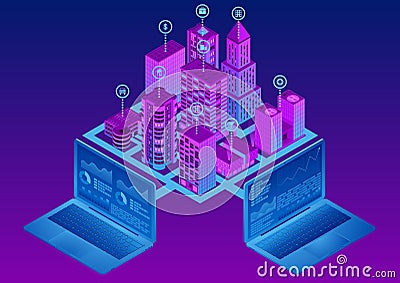 Isometric smart city. The concept of System intelligent control. The plan of the modern metropolis. Vector Illustration