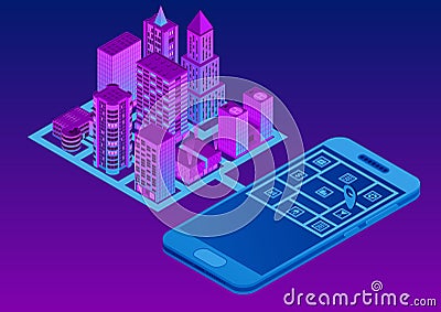 Isometric smart city. Mobile GPS navigation. Search and information of places on the city map. Vector Illustration