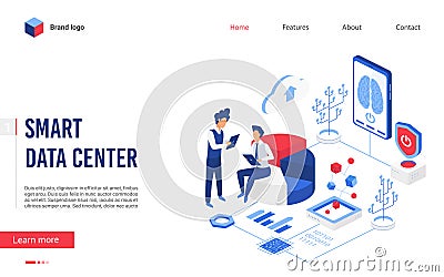 Isometric smart data center vector illustration, cartoon flat website interface design with 3d tiny user people and Vector Illustration