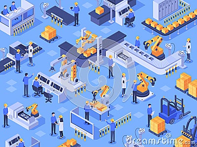 Isometric smart industrial factory. Automated production line, automation industry and factories engineer workers vector Vector Illustration