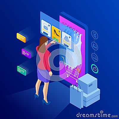 Isometric Smart phone online shopping concept. Online store, shopping cart icon. Ecommerce illustration Vector Illustration