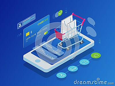 Isometric Smart phone online shopping concept. Vector Illustration