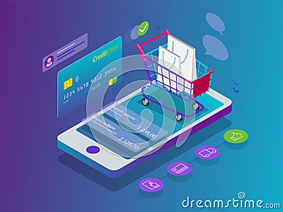 Isometric Smart phone online shopping concept. Online store, shopping cart icon. Ecommerce Vector Illustration
