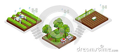 Isometric Smart robotic in agriculture, automation robot farmers must be programmed to work. Artificial intelligence Vector Illustration
