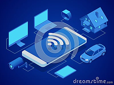 Isometric smart technology to control the house, computer, smart watch, machine, video surveillance, tablet. Security Vector Illustration