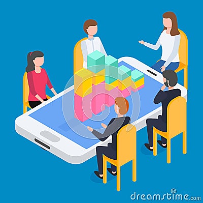 Isometric smartphone with chart, infochart at screen, 3d growing graphic, teamwork analysis Vector Illustration