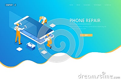 Isometric smartphone repair service concept. Electronics repair service. Same day phone repair landing page website Vector Illustration