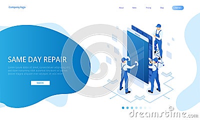 Isometric smartphone repair service concept. Electronics repair service. Same day phone repair landing page website Vector Illustration