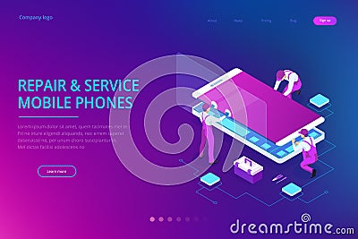 Isometric smartphone repair service concept. Electronics repair service. Same day phone repair landing page website Vector Illustration