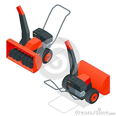 Isometric snow thrower. Cleans snow from sidewalks with snowblower. City after blizzard. Isometric vector illustration Vector Illustration