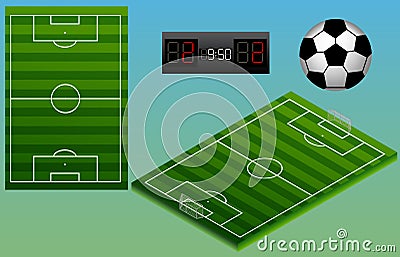 Isometric soccer playground, ball, and scoreboard. Soccer field top view. Isolated. Vector Illustration