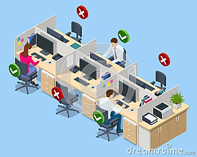 Isometric social distancing poster for meeting room in office. Safety awareness of covid-19 virus. Social distance Stock Photo